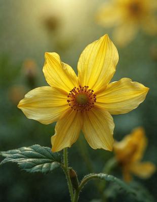 The primary subject of the image is a yellow flower with a brown center, which is the main focus of the image. The setting is a green field, and the visual style appears to be a photo. The colors and mood of the image are warm and vibrant, with the yellow flower standing out against the green background.
